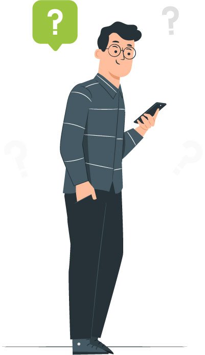 Ilustração de um homem no celular com um ponto de interrogação.